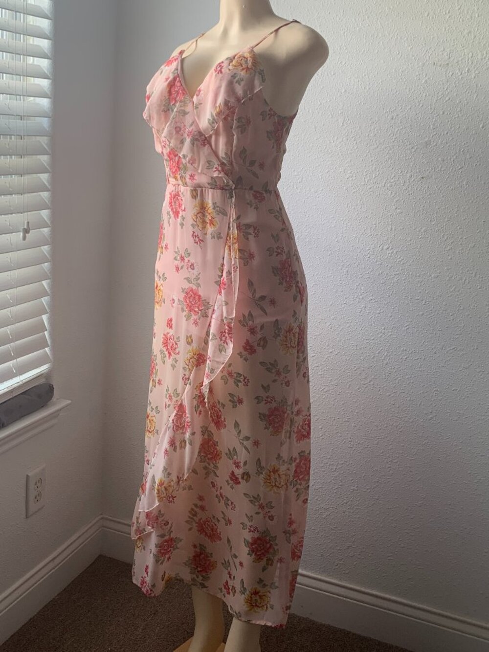 Floral Pink Sheer Chiffon High Low Maxi Dress Ruffle V Neck Keyhole Back Small